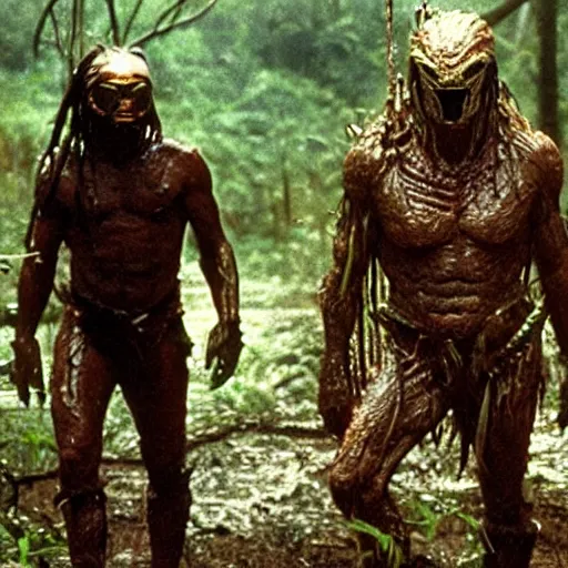 Image similar to cinematic still of sir david attenborough, covered in mud and standing in front!!!! of the predator!!!!! in 1 9 8 7 movie predator hd, 4 k