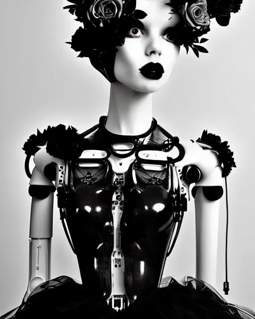 Image similar to dreamy surreal poetic black and white photo of a beautiful young bio-mechanical-female-cyborg-plastic-robot with a very long neck and a super big gothic lace collar and a very high big floral crown with many black dry roses by Vivienne Westwood:: smoke, high fashion, haute couture, rococo, avant-garde, elegant, dreamy, hyper realistic, 150 mm lens, soft rim light, octane render, unreal engine, picture was taken in 1910 by Dora Maar, volumetric lighting, dramatic light,8k,