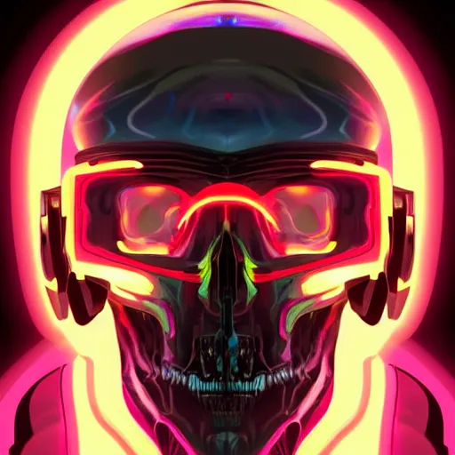 Image similar to centered front face hyperdetailed portrait of a mecha skull ronin wearing hoodie, 8k, digital painting, futuristic, black neon lights, trending on CG society