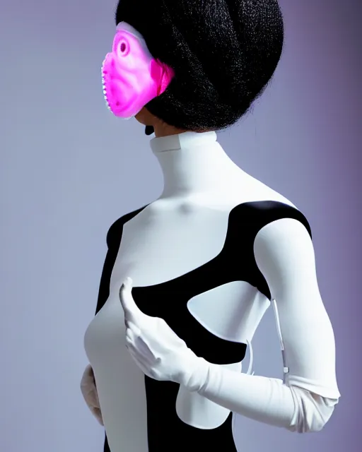 Prompt: portrait of a woman wearing a white embroidered translucent silicone mask and white pink frizzy hair buns, wearing a black bodysuit by alexander mcqueen, cream white background, soft diffused light, biotechnology, humanoide robot, bjork aesthetic, translucent, by rineke dijkstra, intricate details, highly detailed, masterpiece,