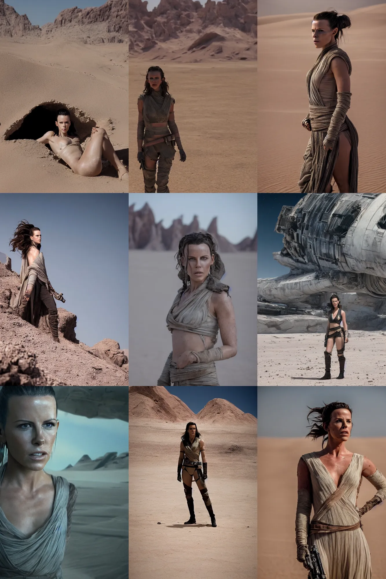Prompt: rey search profit on abandoned spaceship, desert, face look like kate beckinsale, photography by fred palacio medium full shot still from star wars, sci fi, highly detailed intricate matte sharp focus, canon eos r 3, f / 3, iso 2 0 0, 1 / 1 6 0 s, 8 k, raw, unedited