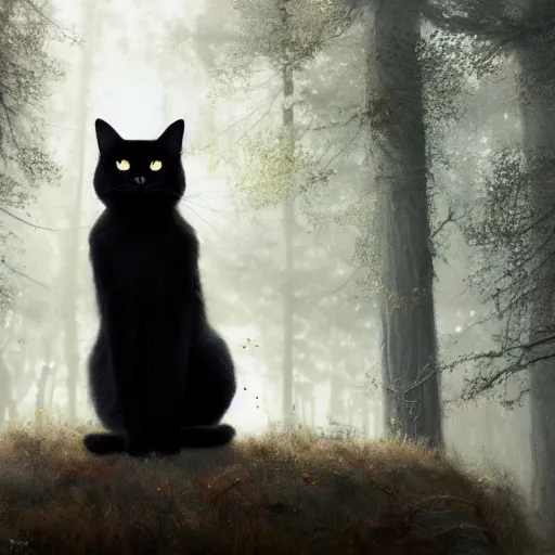 Prompt: a black cat seated and looking curiously, beautiful lighting, there is a forest in the background, texture, intricate, details, highly detailed, greg rutkowski style, masterpiece, architecture, building, trending on artstation, focus, sharp focus, concept art, digital painting, fantasy, sunny, day, golden hour