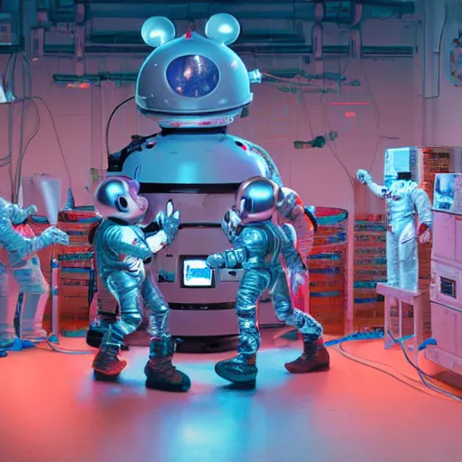 Prompt: nine austronauts in spacesuits, repairing a mickey mouse robot head held down by a crane, in a garage owned by netflix, dark dystopian environment, with cyan lights lighting the foreground and red lights in the background, made by beeple, sigma 5 0 mm