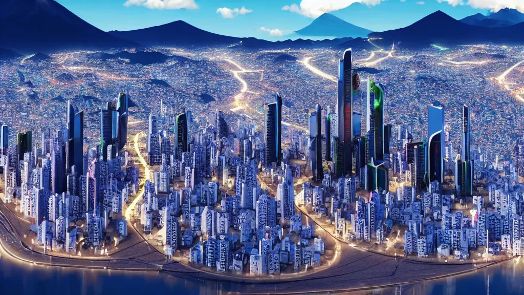 Prompt: Optimistic Nucleur filled vision of futuristic Quito, Ecuador; by Oswaldo Moncayo and Vincent Callebaut; Art Direction by James Cameron; 4K, 12K
