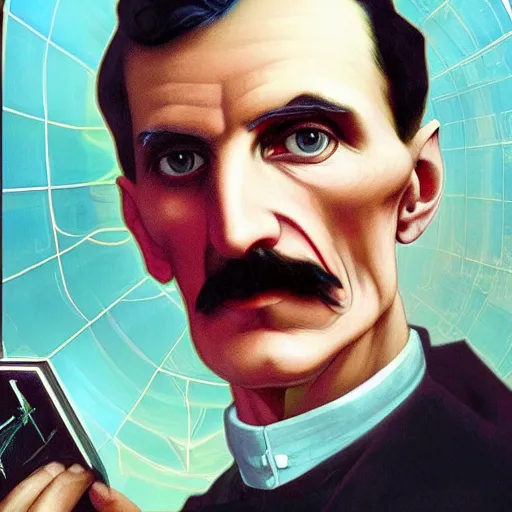 Prompt: [UHD Nikola Tesla as a GTA character on the streets of an industrial dystopia, holding a ray gun, correct face, intricate facial details, symmetrical face, graphic detail, digital painting, trending on artstation, concept art, tonalism, sharp focus, illustration, art by Akira Toriyama and Greg Rutkowski and Alphonse Mucha]