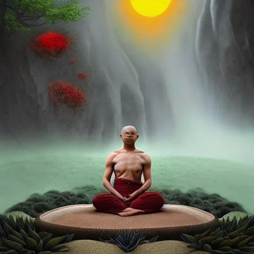 Image similar to a wolf! dressed like a shaolin monk meditating in a zen garden with a waterfall under the blood moon, by Adi granov and afarin sajedi and amanda sage and evgeni gordiets and Agostino Arrivabene and adonna khare in a psychedelic portrait style, ultrarealistic matte painting, volumetric lighting, fractal, extremely symmetrical, highly detailed face, orisha, 8k, hd