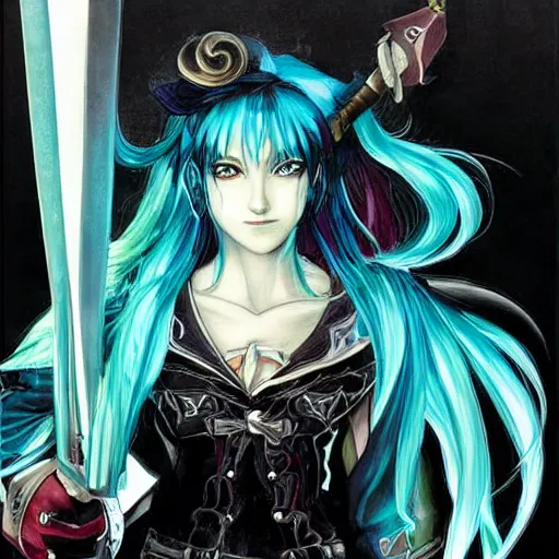 Prompt: portrait of vampire slayer Miku Hatsune Belmont, by Ayami Kojima. Award winning Castlevania art.