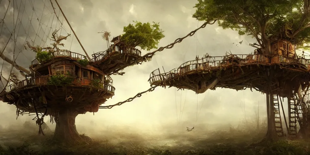 Image similar to A treehouse made out of a derelict pirate ship, torn sails, cargo net, crows nest, the treetops of giant oaks, game art matte painting hyperdetailed, artstation, cgsociety, 8k, surreal dream landscape