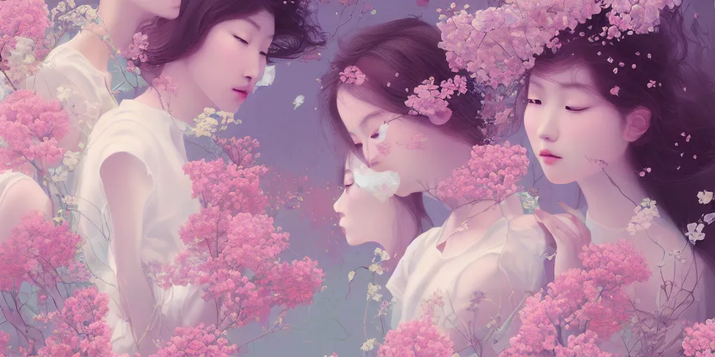 Image similar to breathtaking delicate concept art painting pattern blend of flowers and girls, by hsiao - ron cheng, bizarre compositions, exquisite detail, pastel colors, 8 k