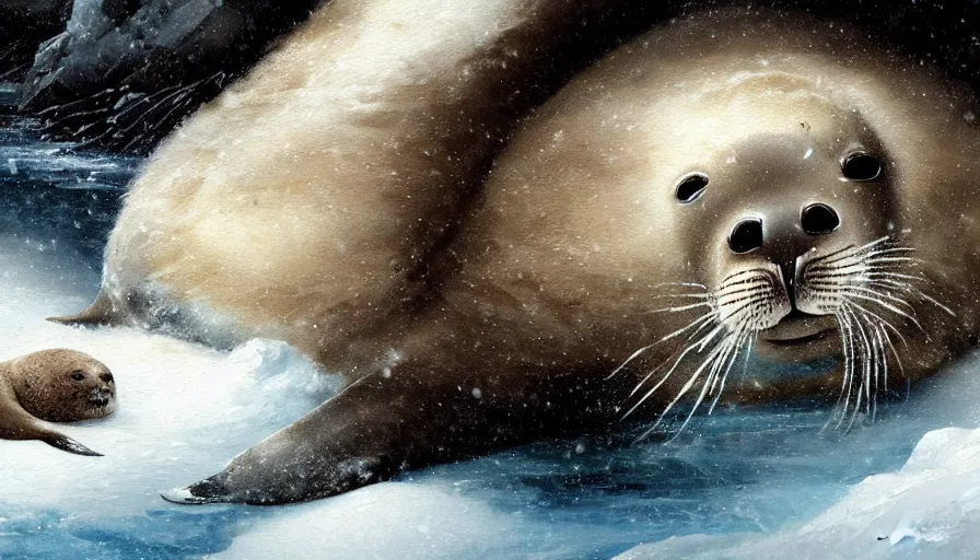 Prompt: highly detailed closeup painting of one big seal looking after lots of cute furry white baby seals inside a snowy fantasy ice crystal cavern by william turner, by greg rutkowski, by william constable, thick brush strokes and visible paint layers, 4 k resolution