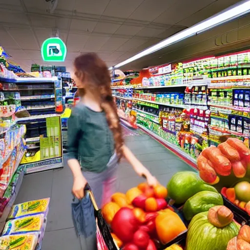 Image similar to mid shot of an alien buying groceries at the store shot by amanda carlson and alex strelkovv, professional photo, masterpiece, very detailed, hyper - realistic, cinematic, 4 k