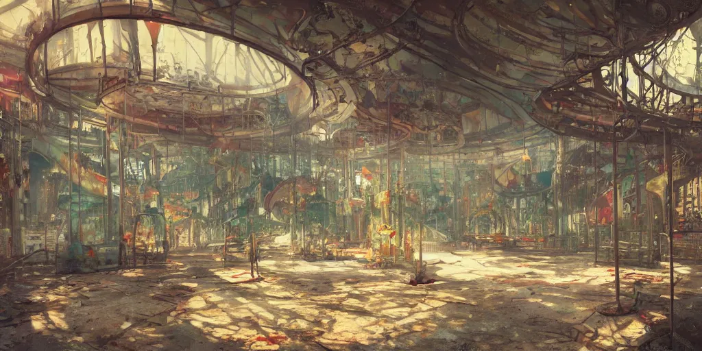 Prompt: abandoned amusement park interior design, Greg Rutkowski, Zabrocki, Karlkka, Jayison Devadas, Phuoc Quan, trending on Artstation, 8K, ultra wide angle, pincushion lens effect.