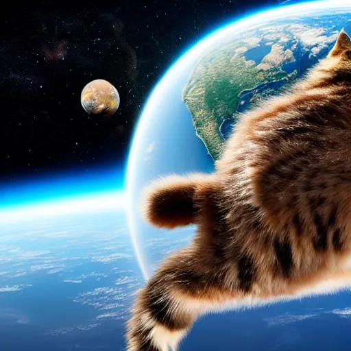 Prompt: giant cat in space about to eat the earth