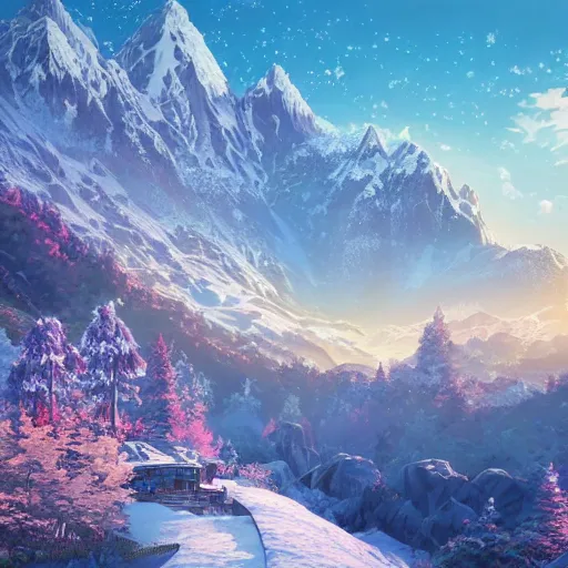 Image similar to the aesthetic view of the beautiful, grand, wistful, dreamy snowcapped mountain at dusk, hyperrealistic anime illustration by iralki nadar, colorful, extremely detailed, intricate linework, super sharp focus, bright colors, octopath traveler, studio ghibli, unreal engine 5 highly rendered, global illumination, radiant light, detailed and intricate environment