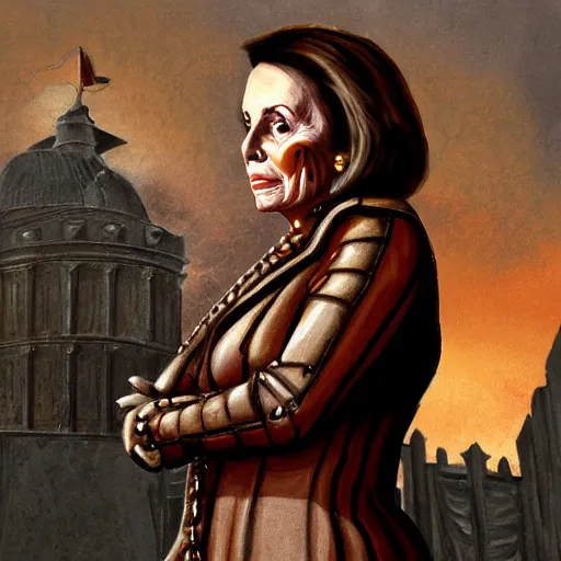Image similar to painting of nancy pelosi standing in front of 1 6 th century backdrop. she looks like vigo the carpathian wearing armor. patina on armor. she ominously stares forward. she looks like a brutal warlord. hand on hip, arm resting on large stone. sepia toned. dramatic lighting. painting by lou police for ghostbusters 2.