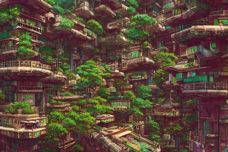 Prompt: solarpunk kowloon walled forest city built by frank lloyd wright, still from studio ghibli anime movie, cyberpunk tree house, digital art, artgerm, trending on artstation