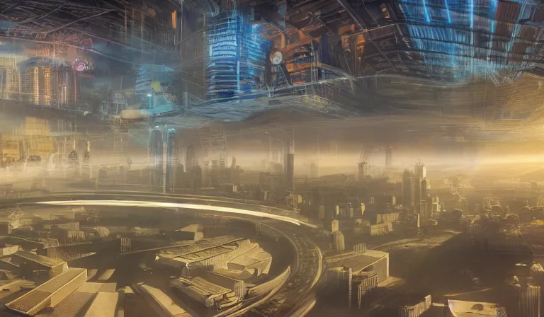 Image similar to group of people in simple warehouse, looking at hologram of futuristic city on a table, cinematic concept art, godrays, golden hour, natural sunlight, 4 k, clear details, tabletop model buildings, center model buildings, hologram center, crane shot, crane shot, crane shot