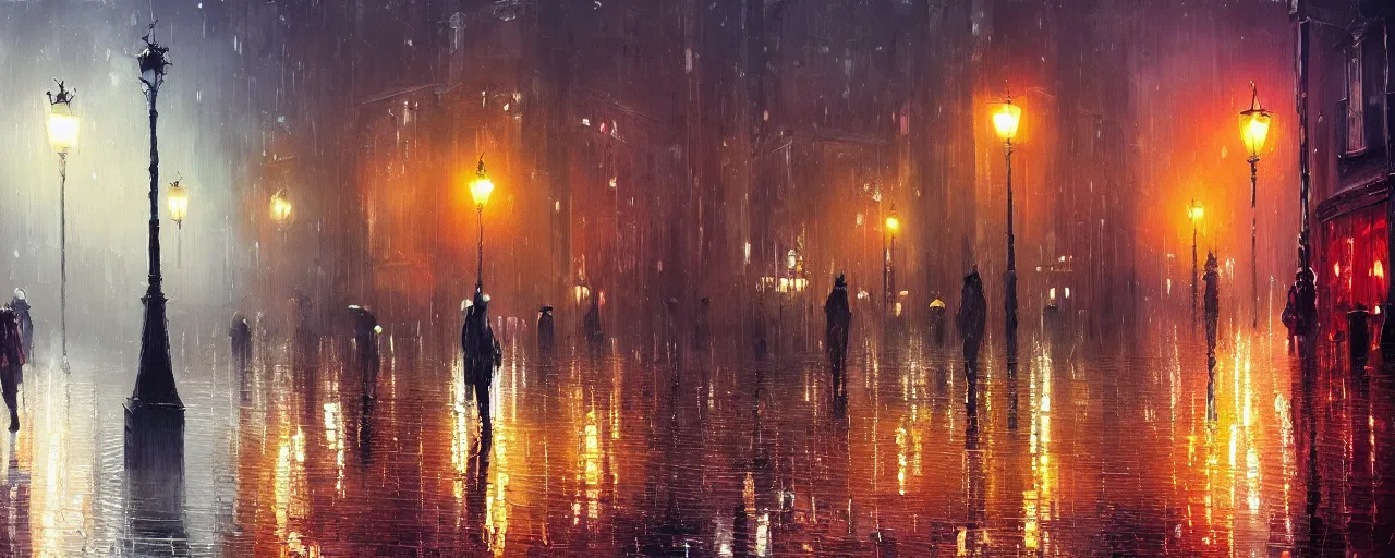 Prompt: a beautiful painting of rainy victorian london, by Alena Aenami, featured on ArtStation
