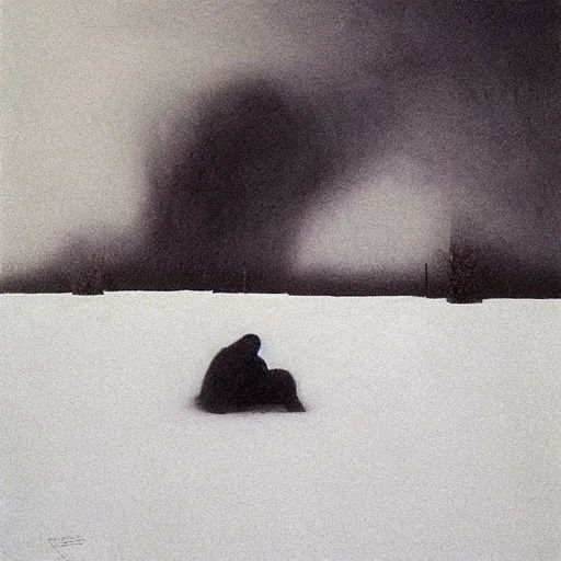 Prompt: a lonely man curled up with black smoke coming out of him, on a white snowy post apocalyptic field, surronded by floating red female heads, painting by beksinski