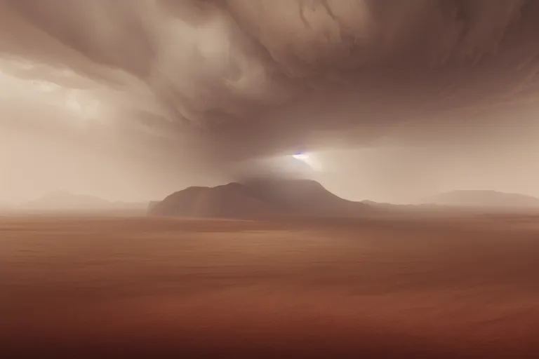 Prompt: a dust storm rolling over a desert, dramatic, mid day, large scale, wide angle, hyperrealistic, lots of detail, realistic lighting, octane render, by wlop, artgerm, trending on artstation