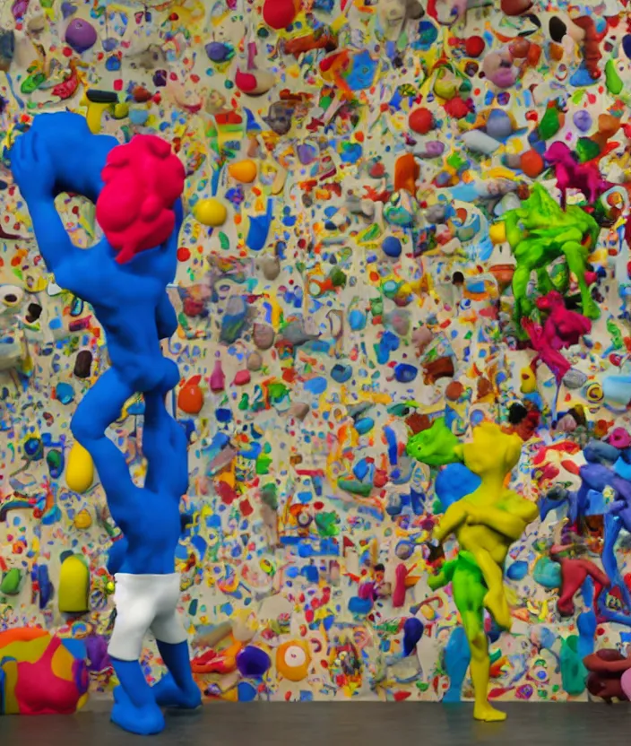 Image similar to a claymation film still of a contemporary sculpture / collection / contemporary art / gallery / museum / claymation by jeff koons and bruce bickford