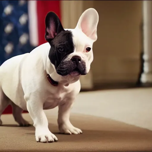 Image similar to A white french bulldog as the president of the united states, 8k hdr movie still, dynamic lighting, detailed