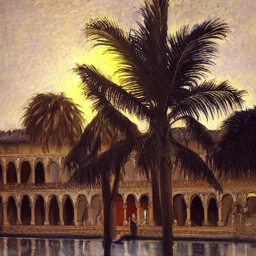 Image similar to a ultradetailed beautiful painting of the night on the amazonas palace by jules bastien - lepage, hans belmer, frank weston and gustave baumann, trending on artstation, mediterranean, palm trees, light sparkles, sharp focus, soft light, 8 k 4 k