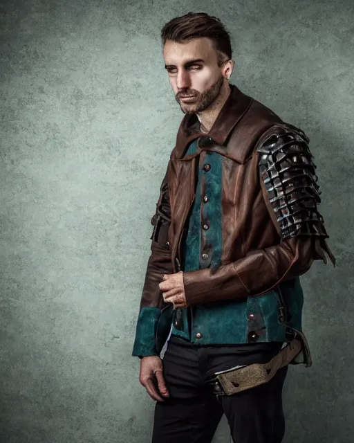 Prompt: an award - winning photo of a ancient male model wearing a simple baggy teal distressed medieval designer menswear leather jacket slightly inspired by medieval armour, 4 k, studio lighting, wide angle lens