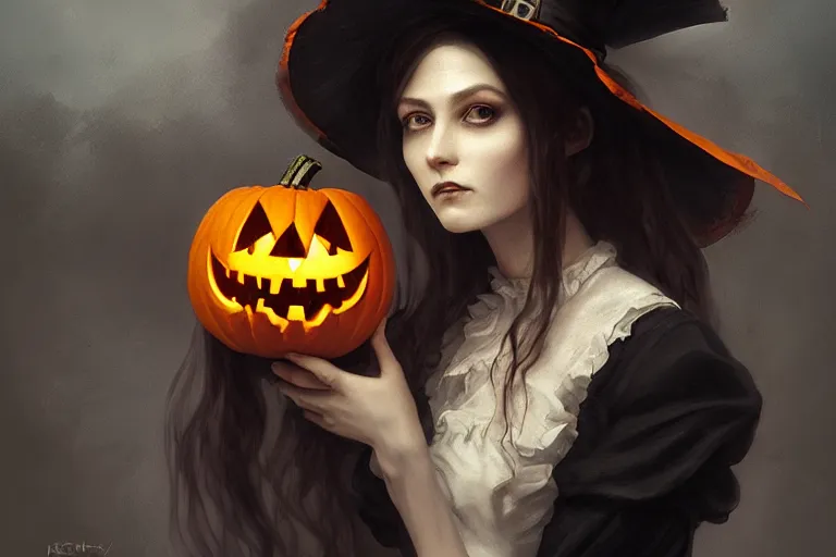 Image similar to portrait of a ghoulish victorian witch holding a jack - o - lantern, halloween night, charlie bowater, artgerm, ilya kuvshinov, krenz cushart, ruan jia, realism, ultra detailed, 8 k resolution