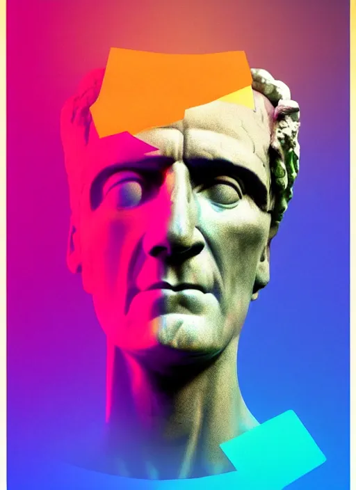 Image similar to statue of julius caesar with a skull, beeple, vaporwave, retrowave, abstract neon shapes, posterization, black background, glitch, pixel sorting, strong contrast, pinterest, trending on artstation