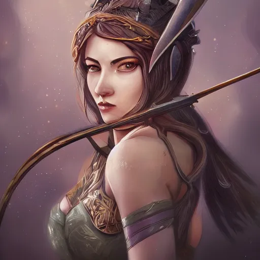 Image similar to a female archer, cute, fantasy, intricate, elegant, highly detailed, centered, digital painting, artstation, concept art, smooth, sharp focus, illustration, art by AbyssWolf