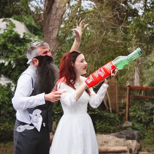 Prompt: bearded man in a wedding dress squirting a bottle of sriracha