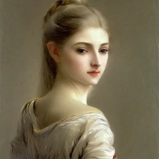 Image similar to portrait painting of a princess, close-up, highly beautiful, elegant, graceful, platinum white hair, pale, by Bouguereau, highly detailed, sharp focus, smooth