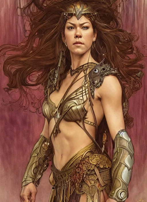 Image similar to Adrianne Palicki as a beautiful warrior woman, fantasy, intricate, elegant, highly detailed, centered, digital painting, artstation, concept art, smooth, sharp focus, illustration, art by artgerm and donato giancola and alphonse mucha