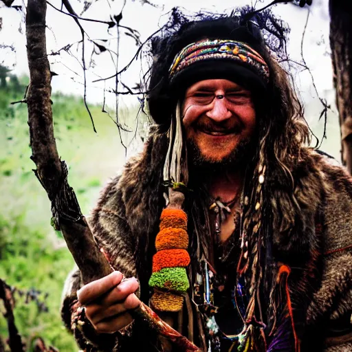 Prompt: hippie tribal hobo witch doctor wearing twigs and leaves smiling sheepishly, campfire, bong, water pipe, highly detailed, dramatic lighting, night time, cinematic, hyperrealistic, detailed, movie still from game of thrones