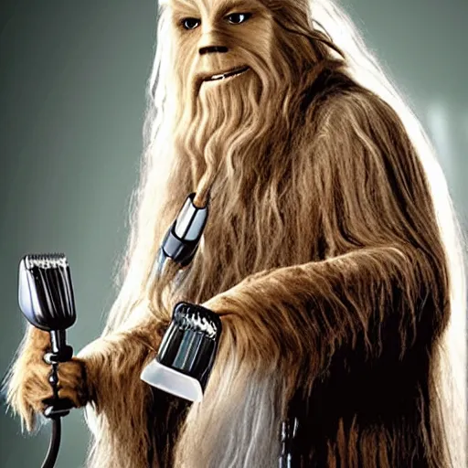 Image similar to gandalf as chewbacca, shampoo hair dryer, hair dryer advertisement