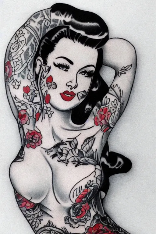 Image similar to traditional American tattoo of a pinup girl, detailed