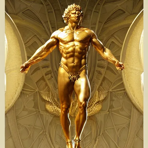 Image similar to ultra realistic illustration, a golden statue of a herculean glenn howerton as the god apollo, intricate, elegant, highly detailed, digital painting, artstation, concept art, smooth, sharp focus, illustration, art by artgerm and greg rutkowski and alphonse mucha