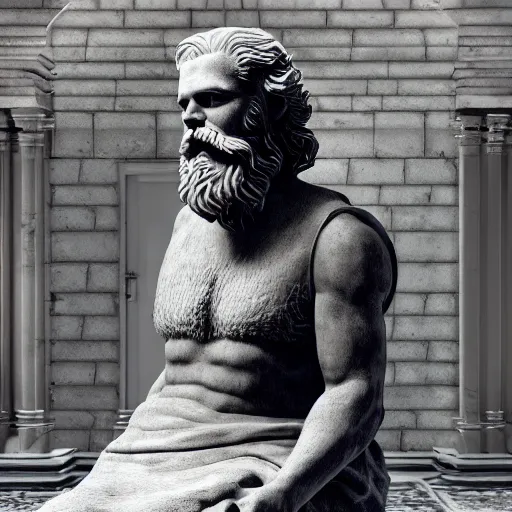 Image similar to a marble statue depicting a bearded wild man infront of a moog modular synthesizer, 8 k, unreal engine,