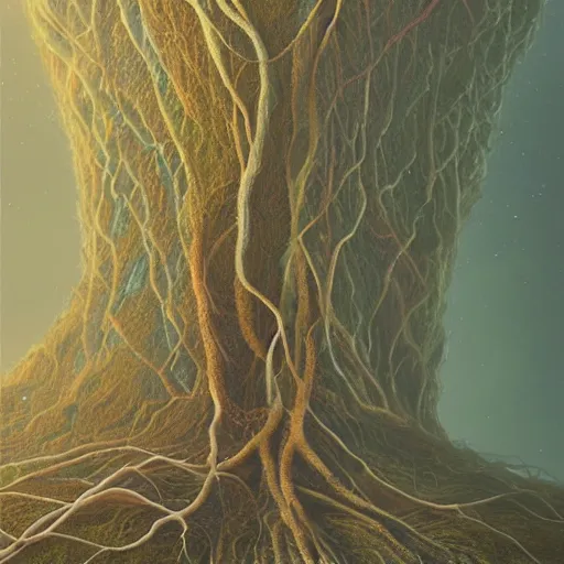 Image similar to a close up of a plant with roots, a photorealistic painting by mike winkelmann, featured on cgsociety, metaphysical painting, detailed painting, biomorphic, fractalism