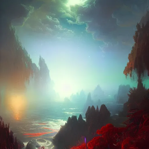 Image similar to luscious fibrous world made of mystical magical energy colorized as blue, red, and purple, illustrated by Greg Rutkowski and Gaston Bussiere, loquacious lighting, volumetric lighting, beautiful photography, landscape imagery, Trending on artstation, 4k, 8k.