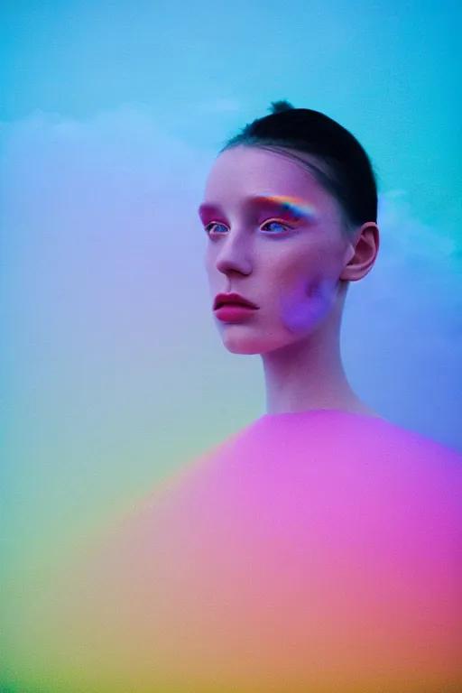 Image similar to high quality pastel coloured film close up wide angle photograph of a model wearing clothing swimming on cloud furniture in a icelandic black rock!! environment in a partially haze filled dreamstate world. three point light, rainbow. photographic production. art directed. pastel colours. volumetric clouds. pastel gradient overlay. waves glitch artefacts. extreme facial clarity. 8 k. filmic.