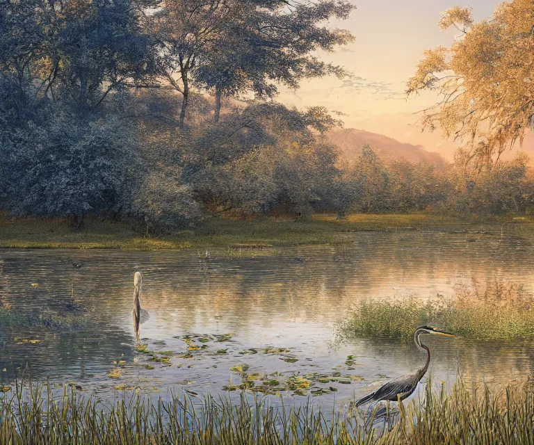 Image similar to a majestic blue heron in shallow river, waterfalls in distance, left border beautiful willow, right border cherry blosom trees, lily pads bullrushes marsh clouds, golden hour intricate by mcquarrie martin lagerstadt, digital art, highly detailed, artstation