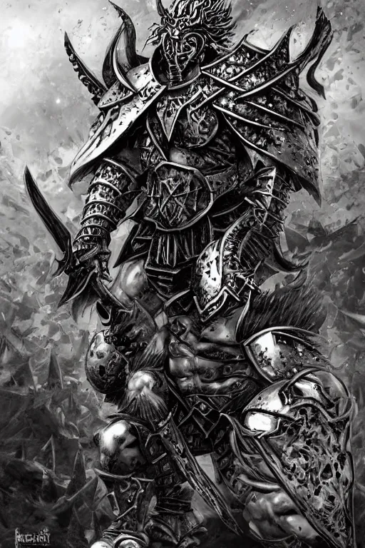 Image similar to chaos warrior, fantasy, warhammer, highly detailed, digital art, sharp focus, trending on art station, kentaro miura manga art style