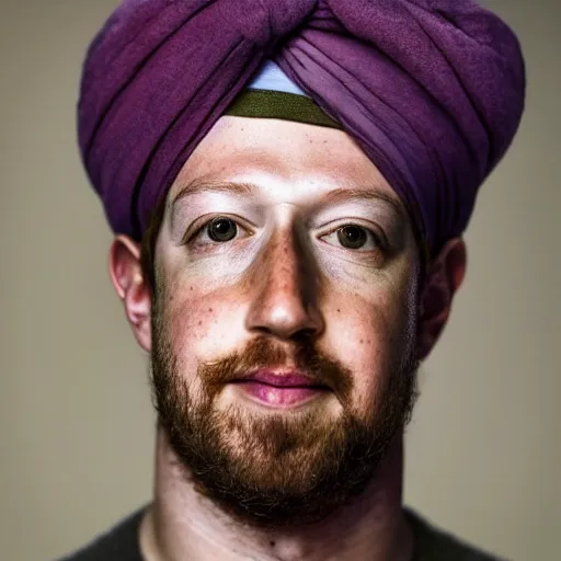 Prompt: a portrait of mark zuckerberg wearing a long beard and a turban joining the taliban. i