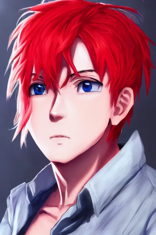 Prompt: portrait of young anime guy with red hair and flaming eyes, wlop, trending on artstation, deviantart, anime key visual, official media, professional art, 8 k uhd