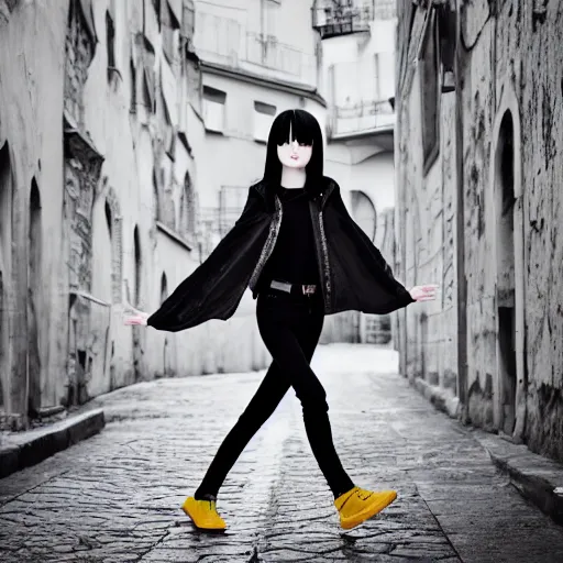 Prompt: 1 7 - year - old pale - skinned anime girl with black long bob cut, long bangs, black gothic jacket, black jeans, running through italian city, yellow sunshine, sepia sun, ultra - realistic, sharp details, subsurface scattering, intricate details, hd anime, 2 0 1 9 anime