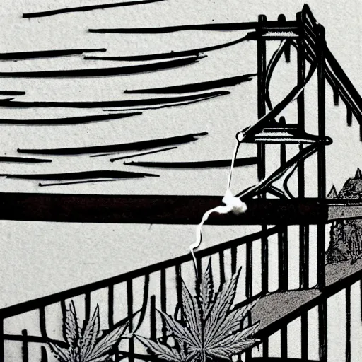 Image similar to small steel suspension bridge built in 1 9 2 8, side view, puffy clouds in background, marijuana cigarette floating in the sky, woodcut style, rubber stamp, 8 k