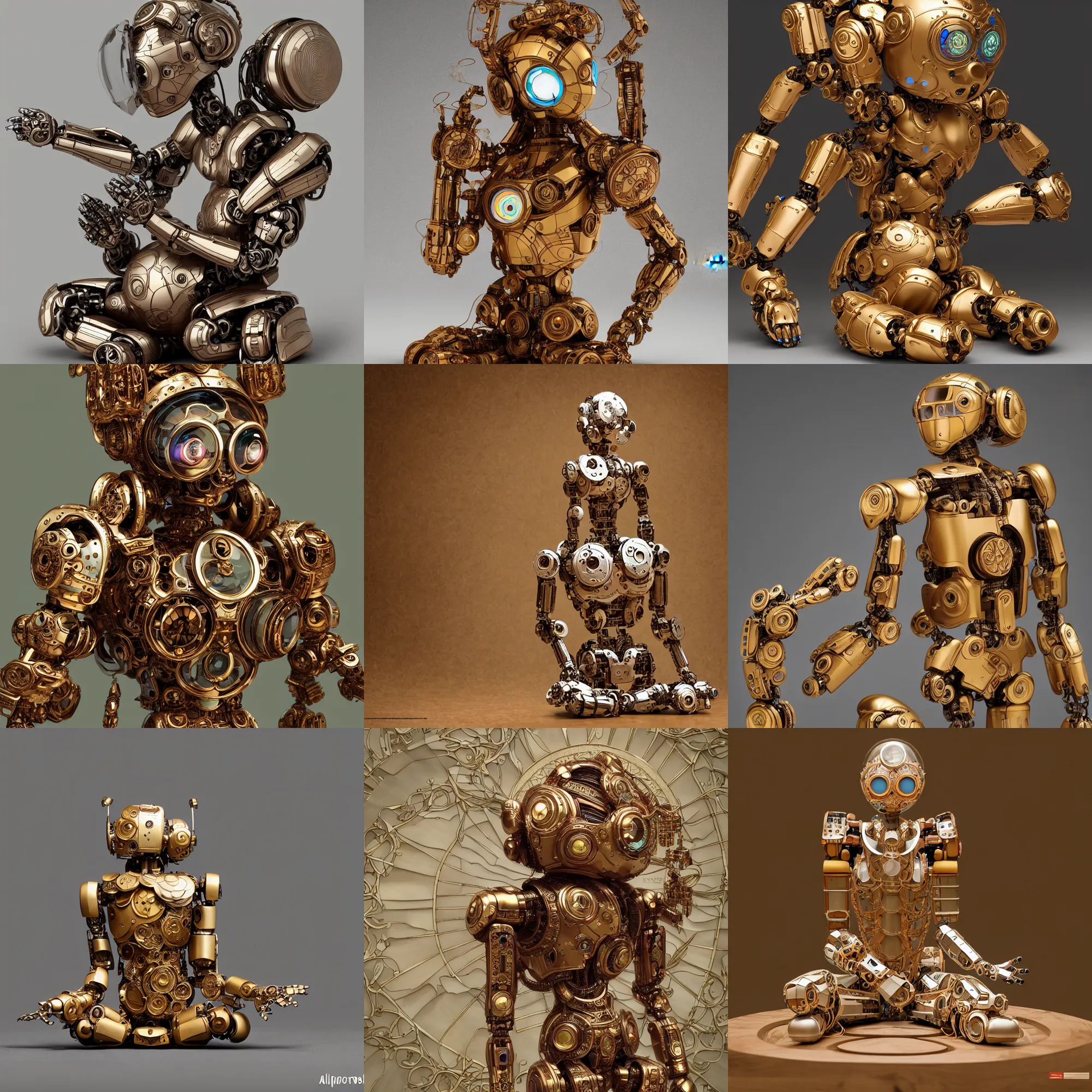 Prompt: cute art toys wooden ultra clear sculpture of beautiful robot meditation position cybernetics, low contrast,, hyper realistic detailed render, hypermaximalist, ornate, epic composition, 4 k 8 k, cryengine octane blender, sharp focus, concept art, masterpiece of art by alphonse mucha