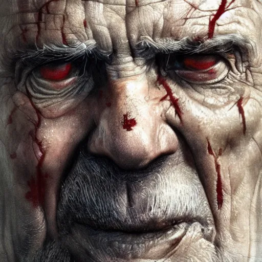 Image similar to close-up, symmetrical, portrait of an old man, bruised, scarred, marvel art, art by greg rutkowski, matte painting, trending on artstation